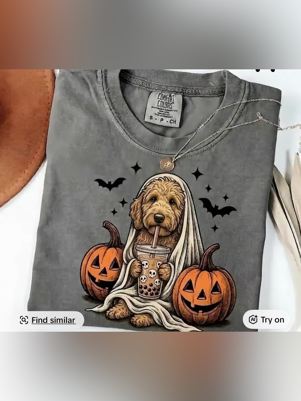 Comfort Colors Gray Halloween Dog Graphic Tee with Pumpkin and Boba Design